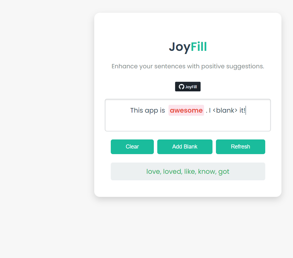 JoyFill web app suggesting positive sentence rewrites with sentiment analysis